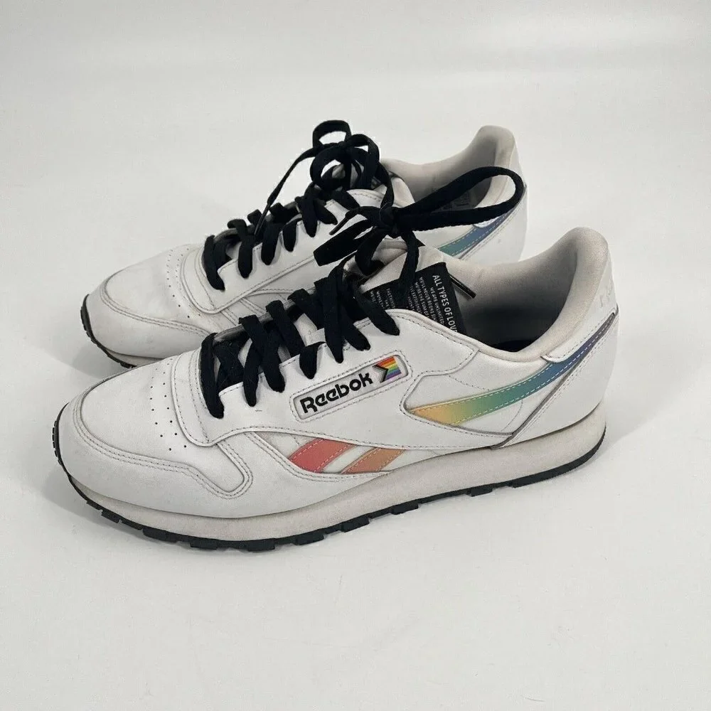 Reebok Classic White Leather Sneakers Rainbow Pride Sz Mens 9.5
